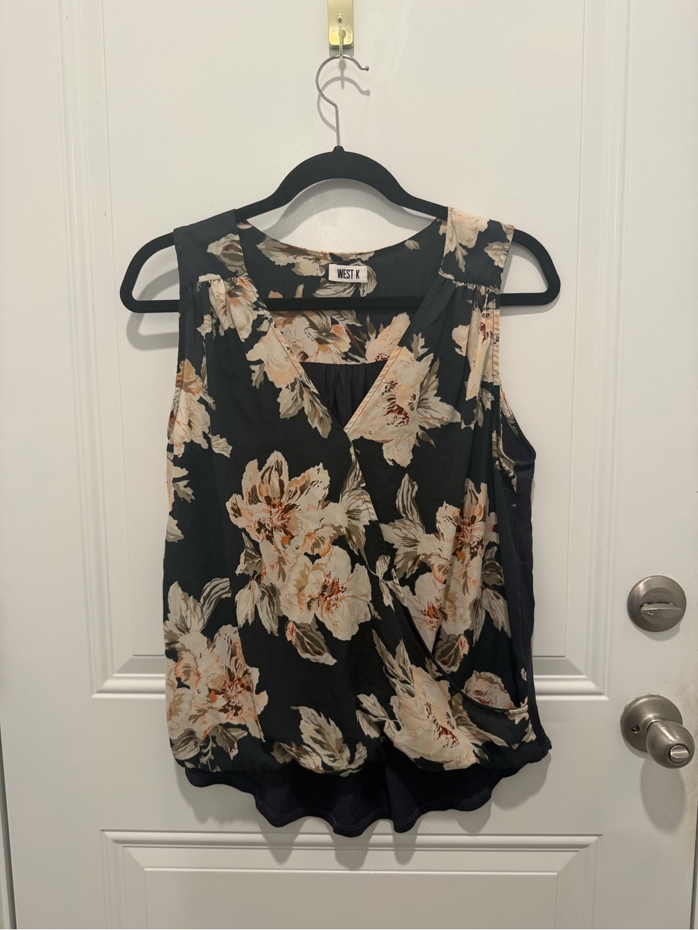 West K Dark Blue Floral Sleeveless Wrap Blouse